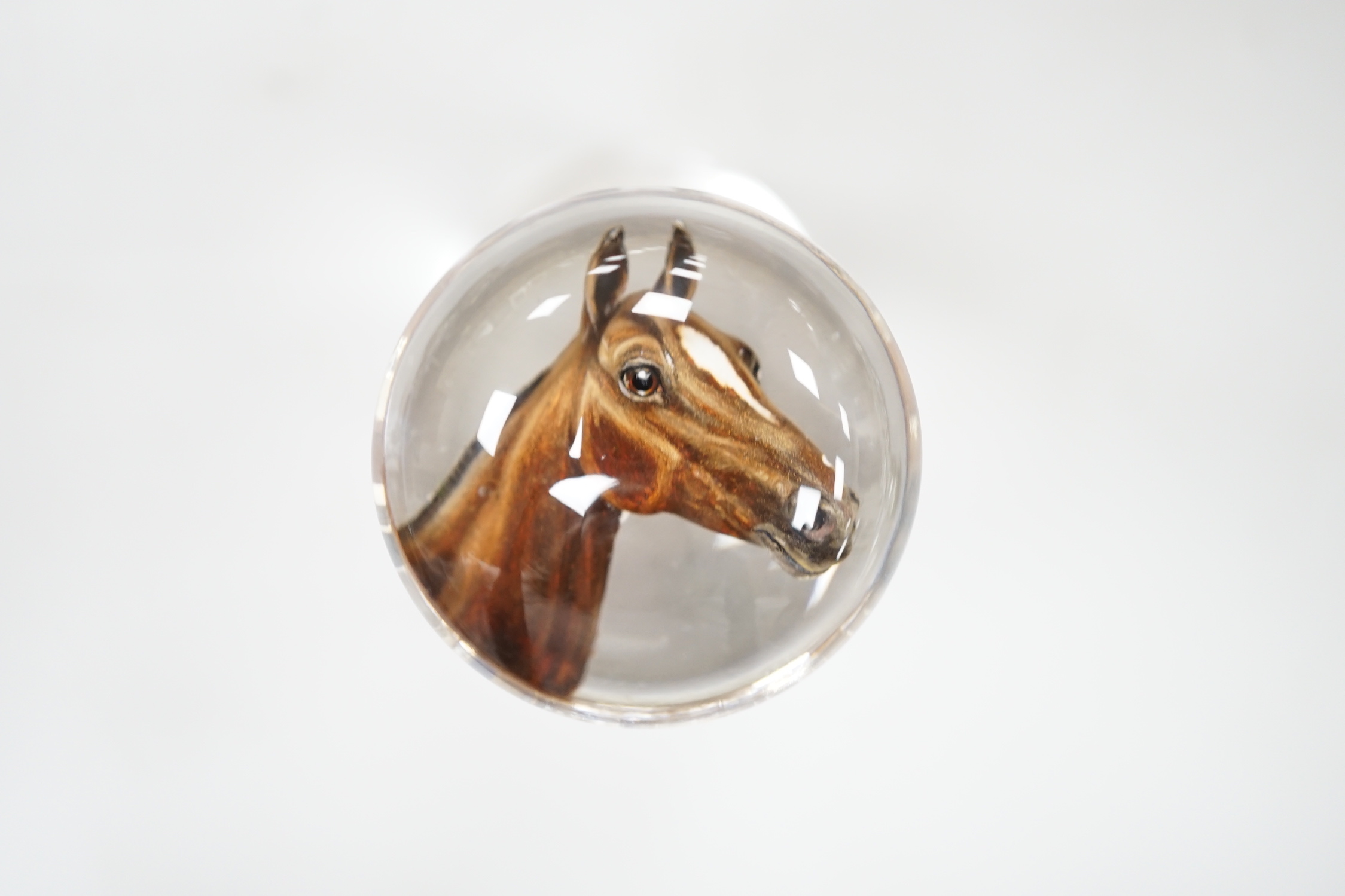 An early 20th century American Essex crystal seal, the mushroom terminal decorated with horse's head, the matrix carved with a horse and the initials for the Genesee Valley Breeder's Association, Avon, New York, the olde